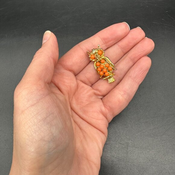 Vintage Owl Brooch Pin Orange Beads Gold Tone Whimsical Retro Jewelry Kitschy - Picture 6 of 7